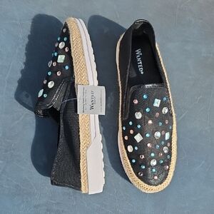 Wanted Black Espadrilles with Colorful Embellishments
